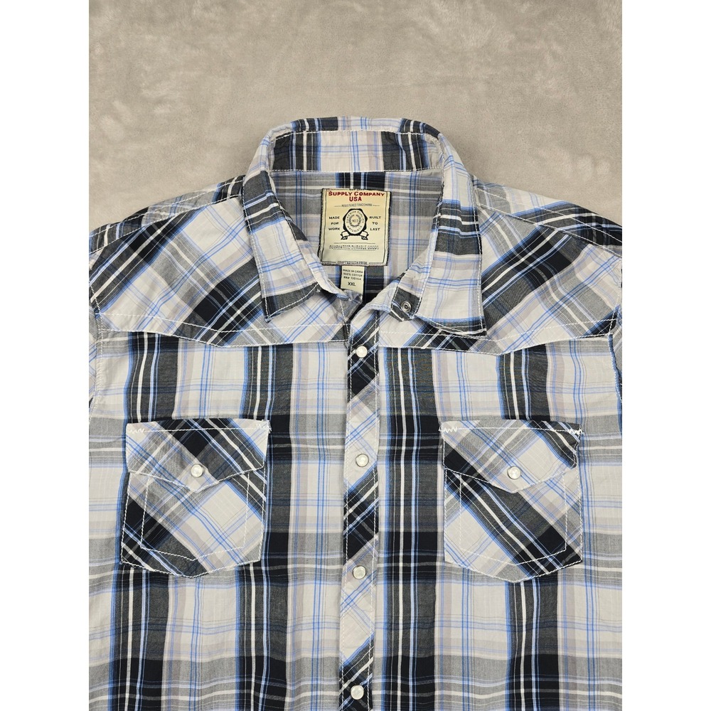 Supply Company USA Western Shirt Mens XXL‎ Blue Plaid Pearl Snap Long Sleeve